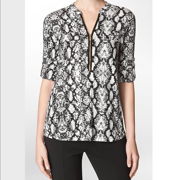 COPY - Women’s Snakeskin Printed Top | M | Zip Front | Rolled Sleeves - Picture 1 of 9
